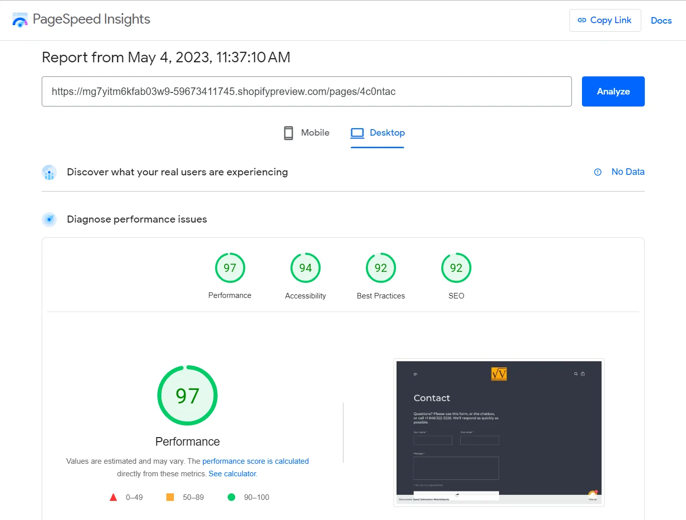 PageSpeed Insights report showing a performance score of 97, accessibility score, best practices score and SEO score.